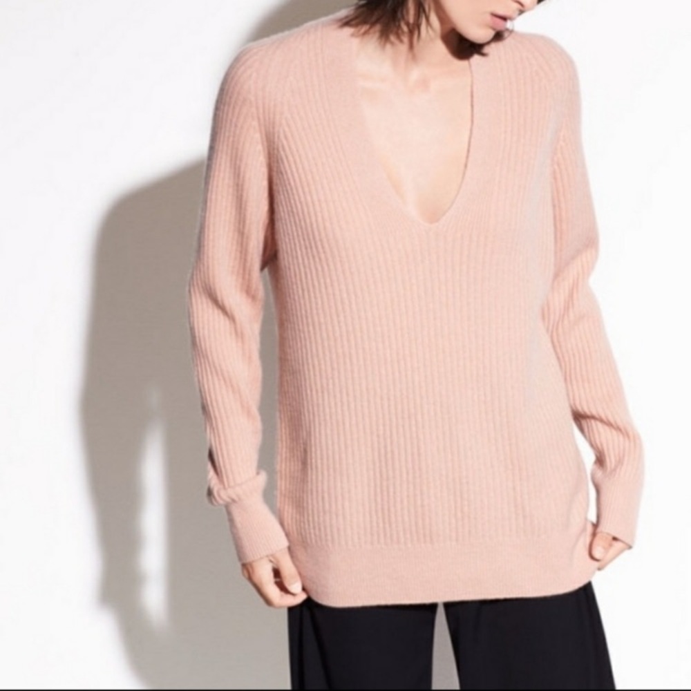Vince Raglan Wool and Cashmere Ribbed Double V-Neck Sweater